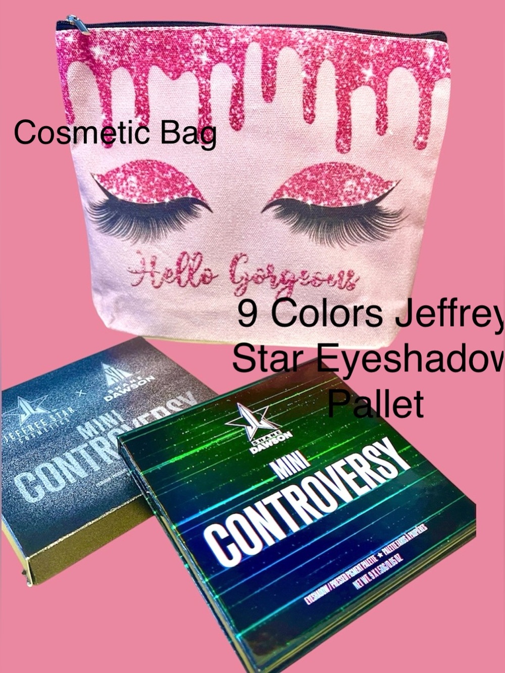 2Pc Jeffree Star Eyeshadow Palett 9 colors NIB & Pink canvas Cosmetic Bag